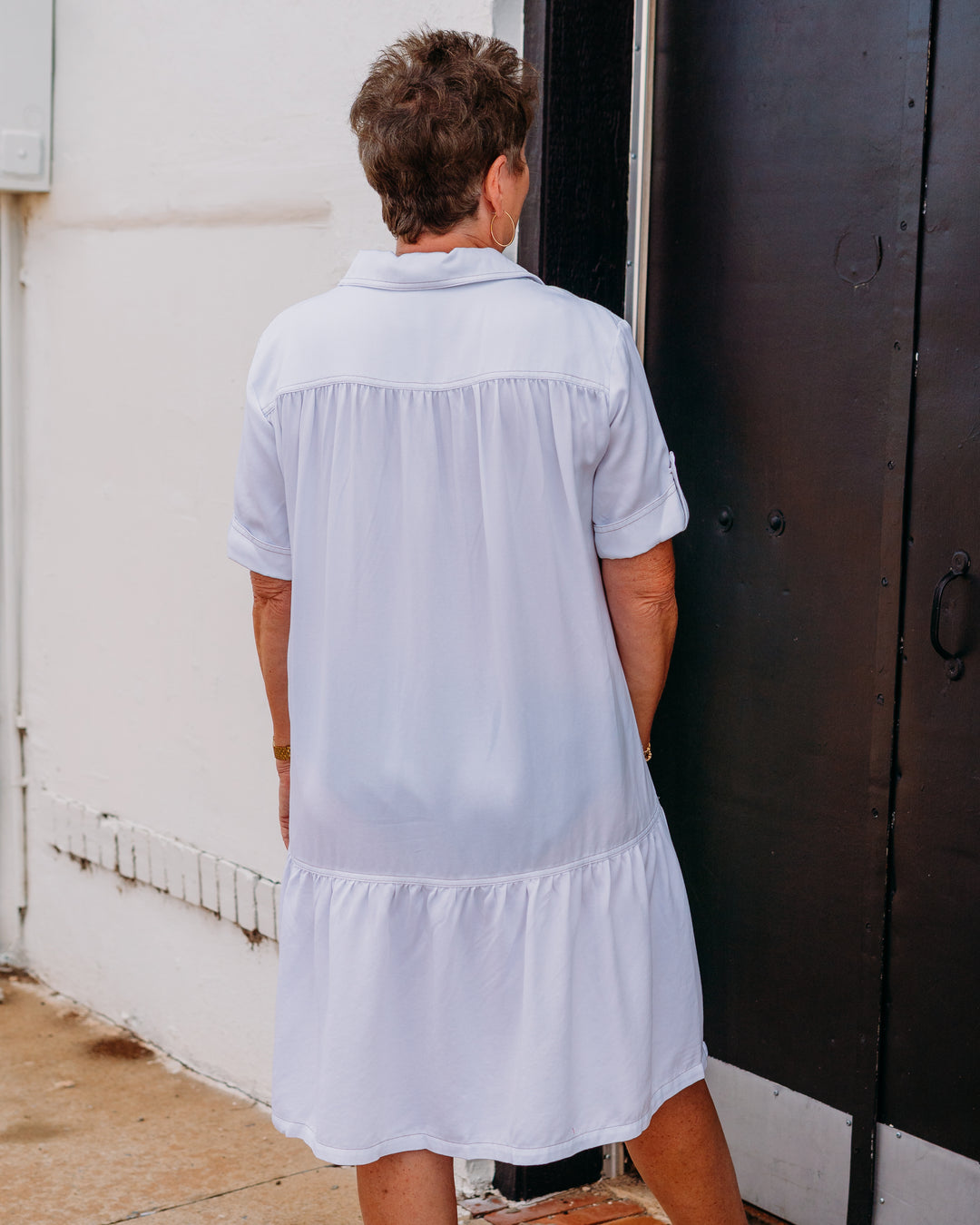 Multiples: Twill & Denim Dress with Flounce Hem in White (M26307DM) - The Vogue Boutique