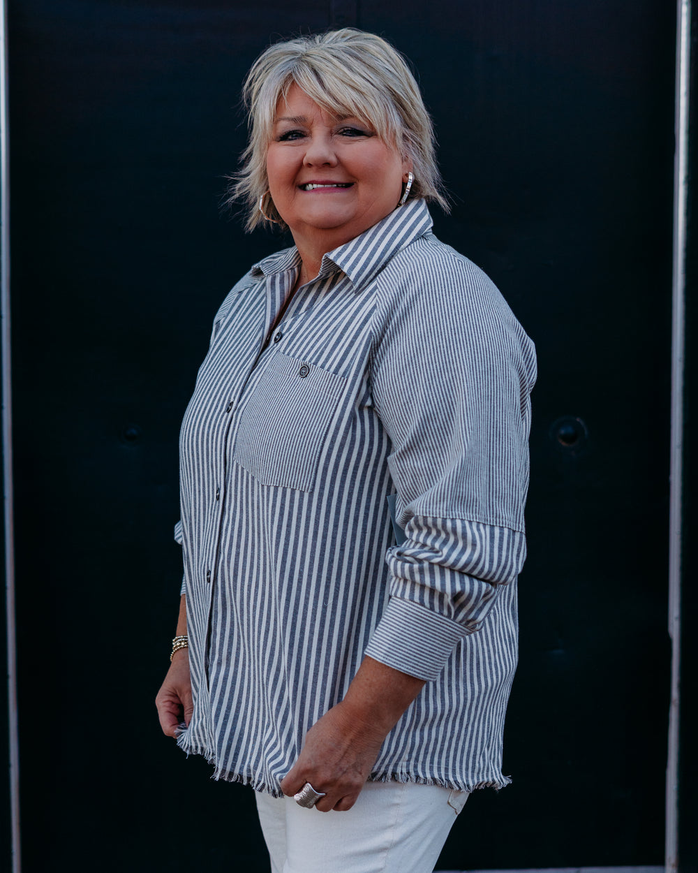 Multiples: Cuffed Raglan Striped Flannel Shirt M45506BM - The Vogue Boutique
