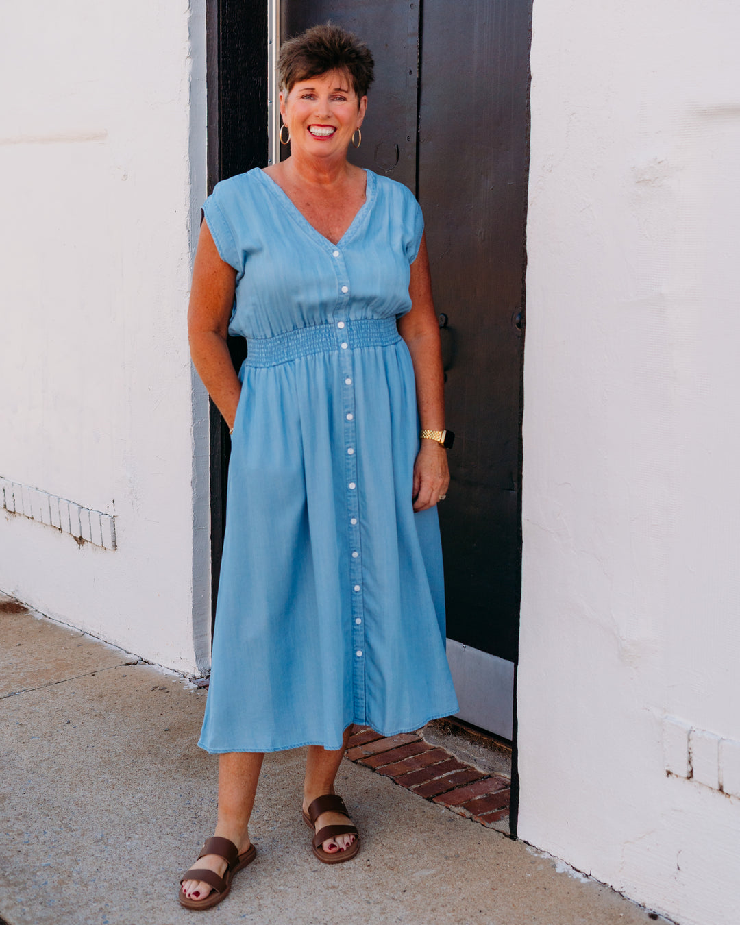 Karen Kane: Smocked Waist Button Up Dress in Chambray (2L46500) - The Vogue Boutique