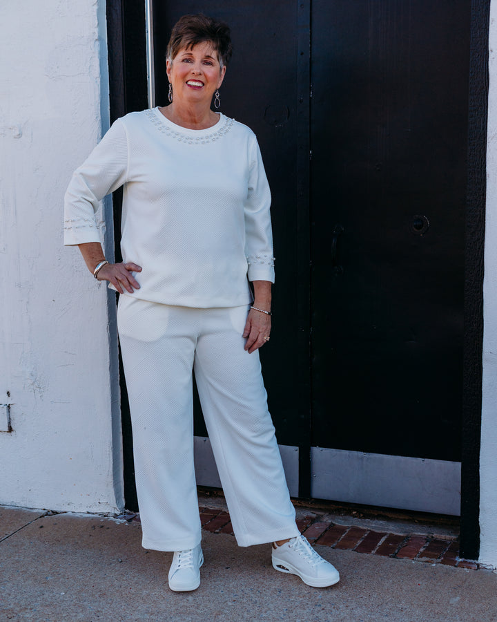 Multiples: (Slimsation) Soft White Drawstring Crop Pant (M16709PM) - The Vogue Boutique