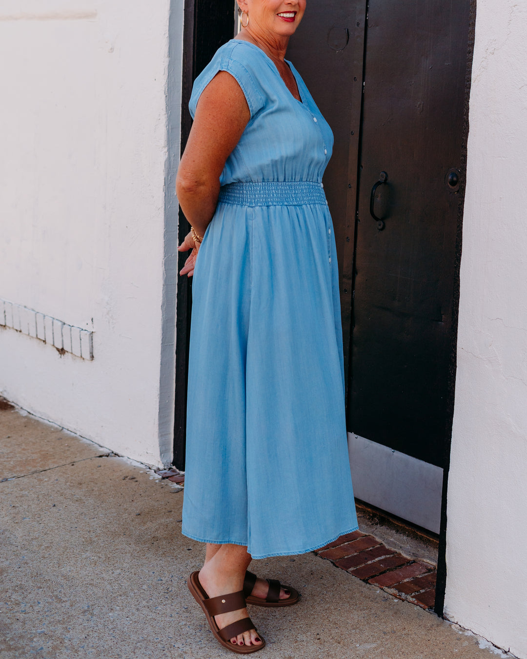 Karen Kane: Smocked Waist Button Up Dress in Chambray (2L46500) - The Vogue Boutique
