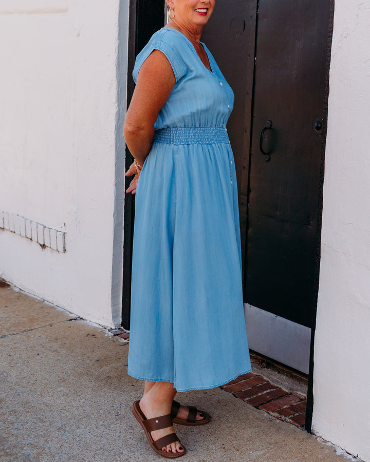 Karen Kane: Smocked Waist Button Up Dress in Chambray (2L46500) - The Vogue Boutique