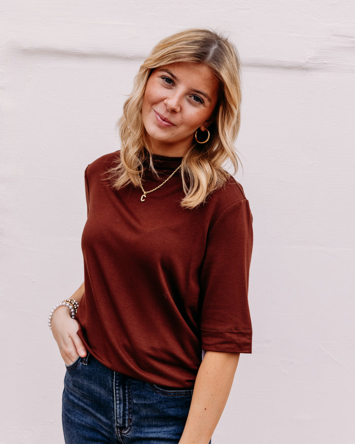 Tribal: Funnel Neck Elbow Sleeve Knit Top in Rusticbrown (6310O-5125)