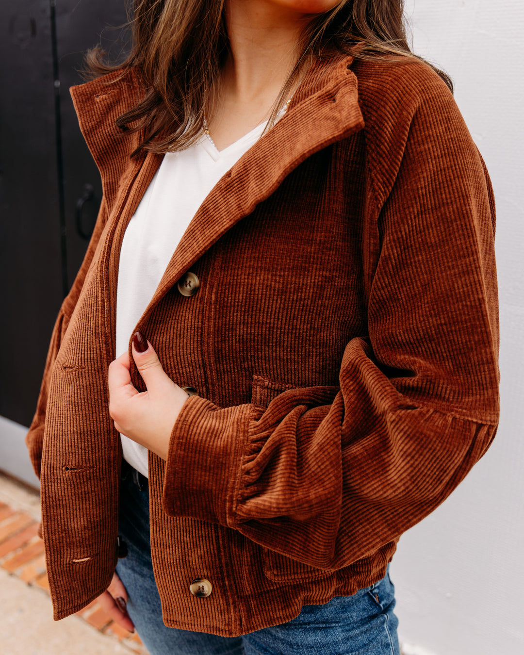 Tru Luxe: Woven Stand Collar Button Front Cord Jacket in Chocolate (T4623JM)