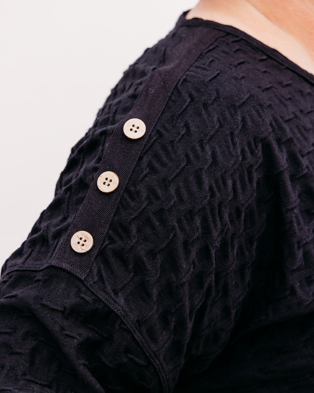 Multiples: 3/4 Sleeve Button Shoulder Scoop Neck Knit Top in Black (M36405TM)