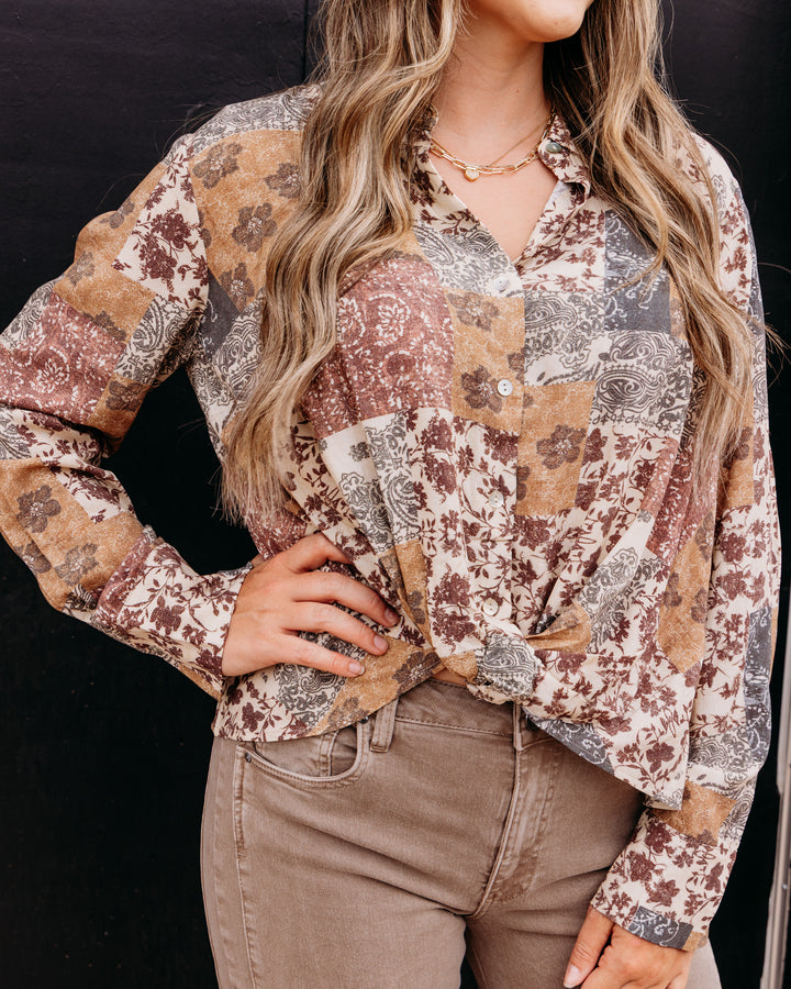 Charlie B: Printed Long Sleeve Shirt with Twisted Front in Édredon (C4551PP)