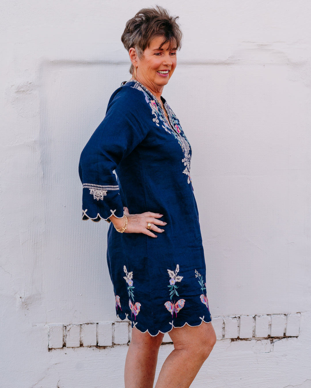 Johnny Was Linen Scallop Dress in Arva Blue Night