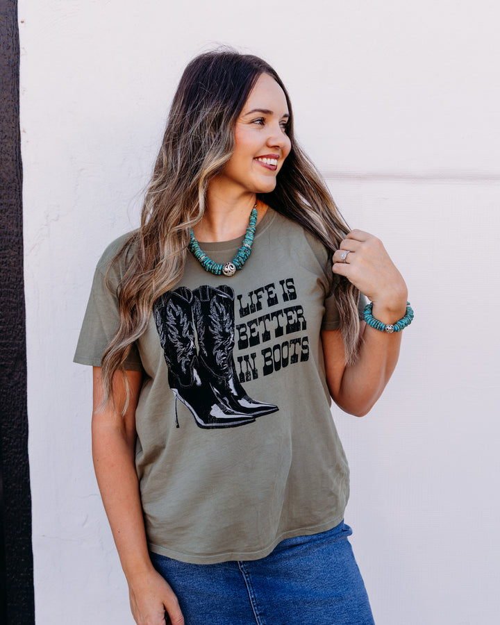 Project Social T: Better In Boots Tee in Olive Green