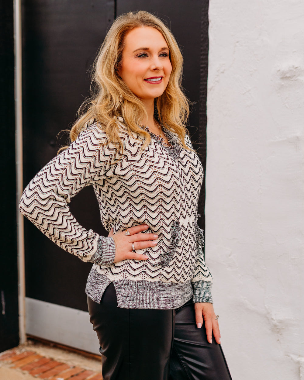 Tribal: Long Sleeve Hooded Sweater W/ Fringe Detail in Charcoal (22760-5143) - The Vogue Boutique