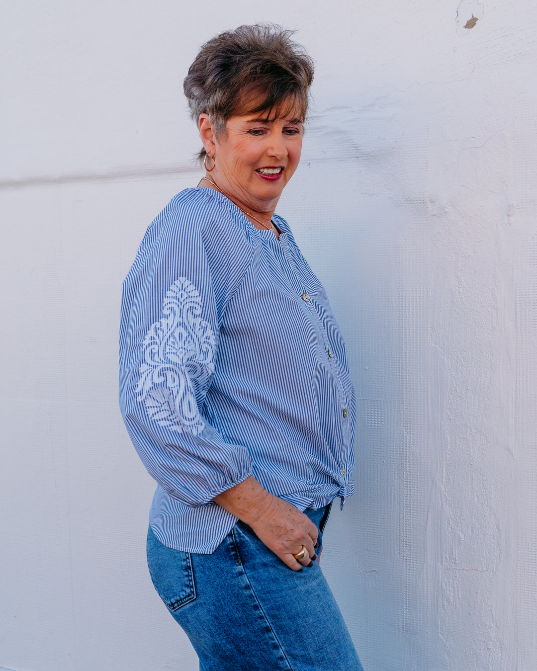 Multiples: 3/4 Raglan Slv Band Collar Bttn Frt Tie Waist Shirt in Chmbblu (M16506BM) - The Vogue Boutique