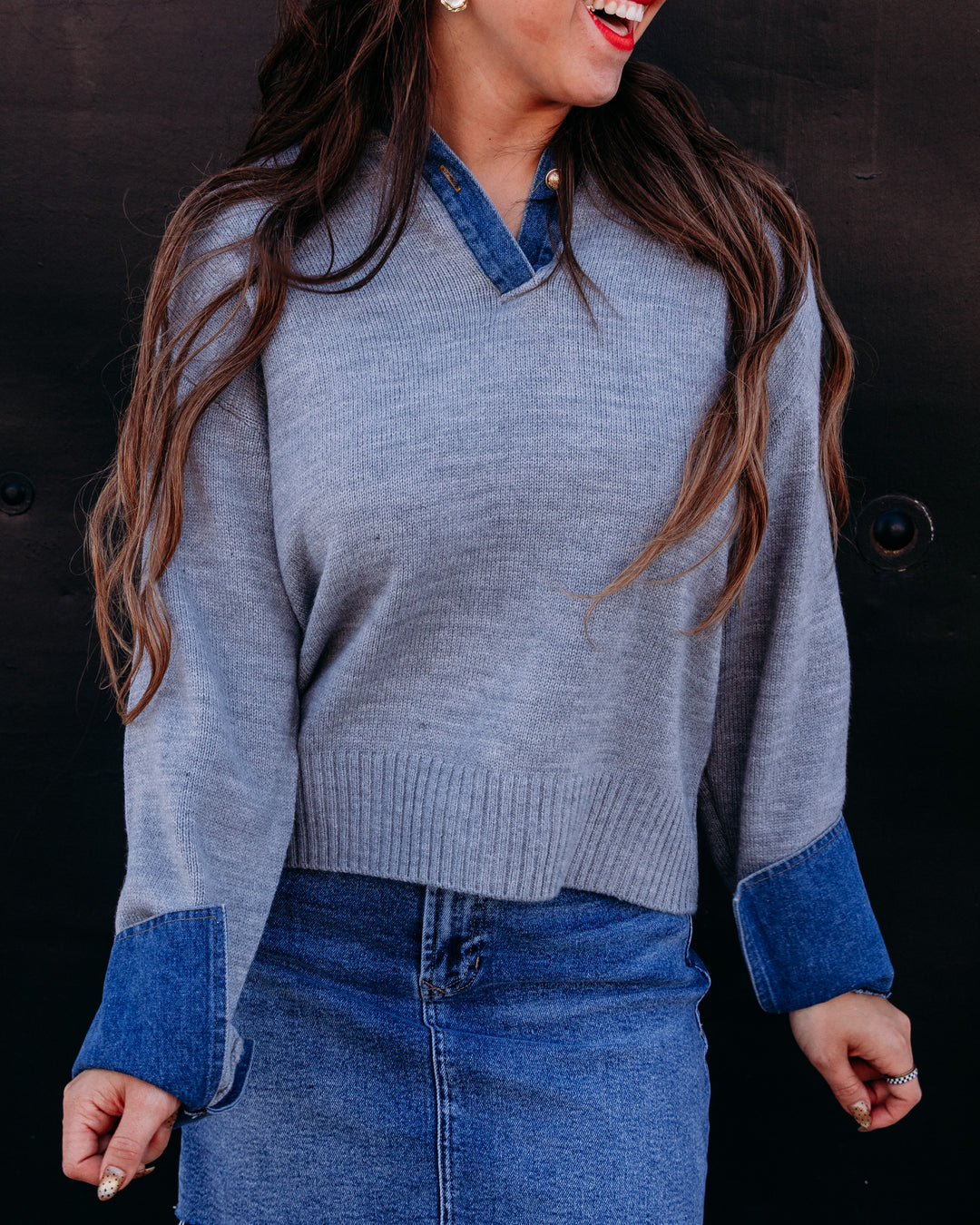 Elan: Long Sleeve Sweater Top in Grey (SW11713)