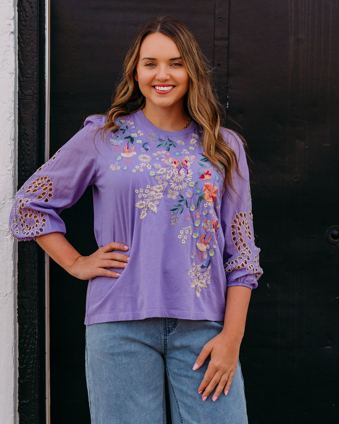 Johnny Was: 3/4 Sleeve Mixed Media Tee in Arva in Paisley Purple (J11026)