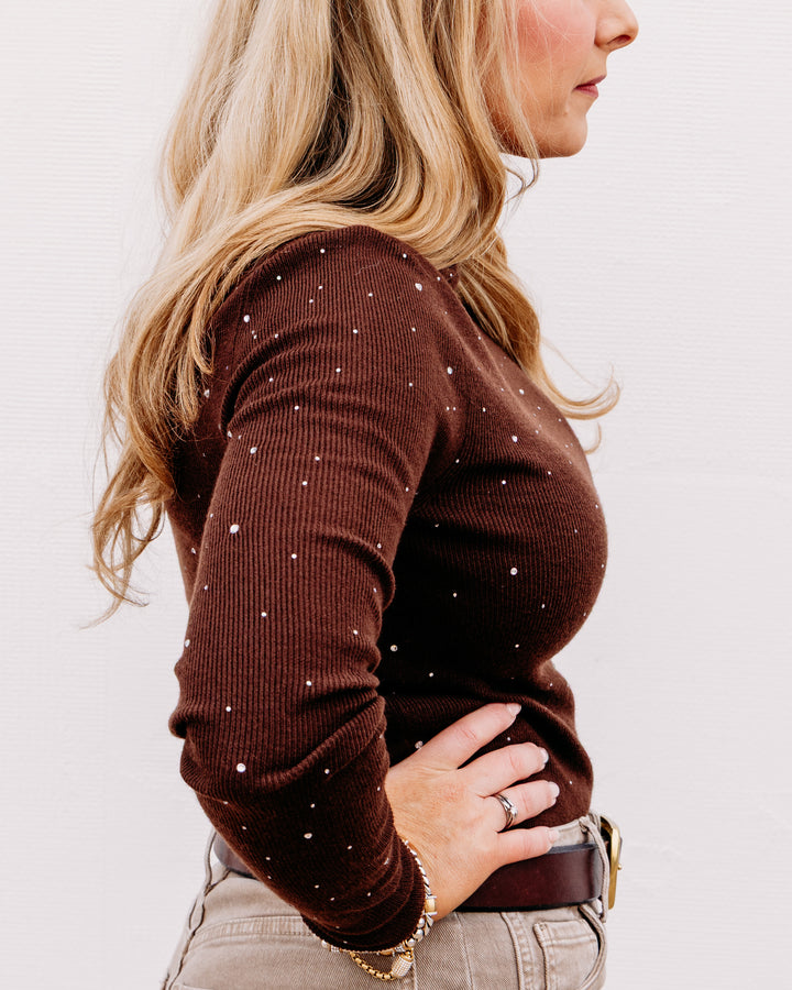 Karen Kane: Rhinestone Mock Neck Sweater in Mocha (3L89341)