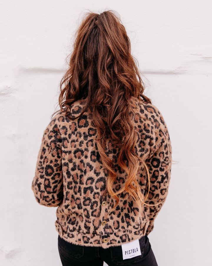 Charlie B: Eyelash Yarn Jacquard Jacket With Patch Pockets in Léopard (C6432P)