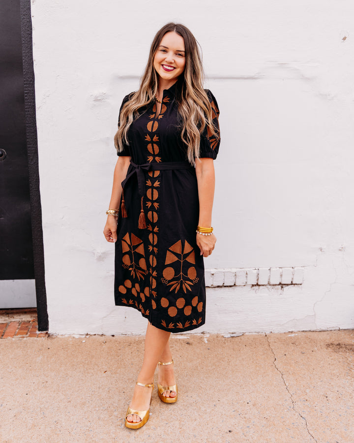 Uncle Frank: Placket Embroidered Dress in Black (73697)