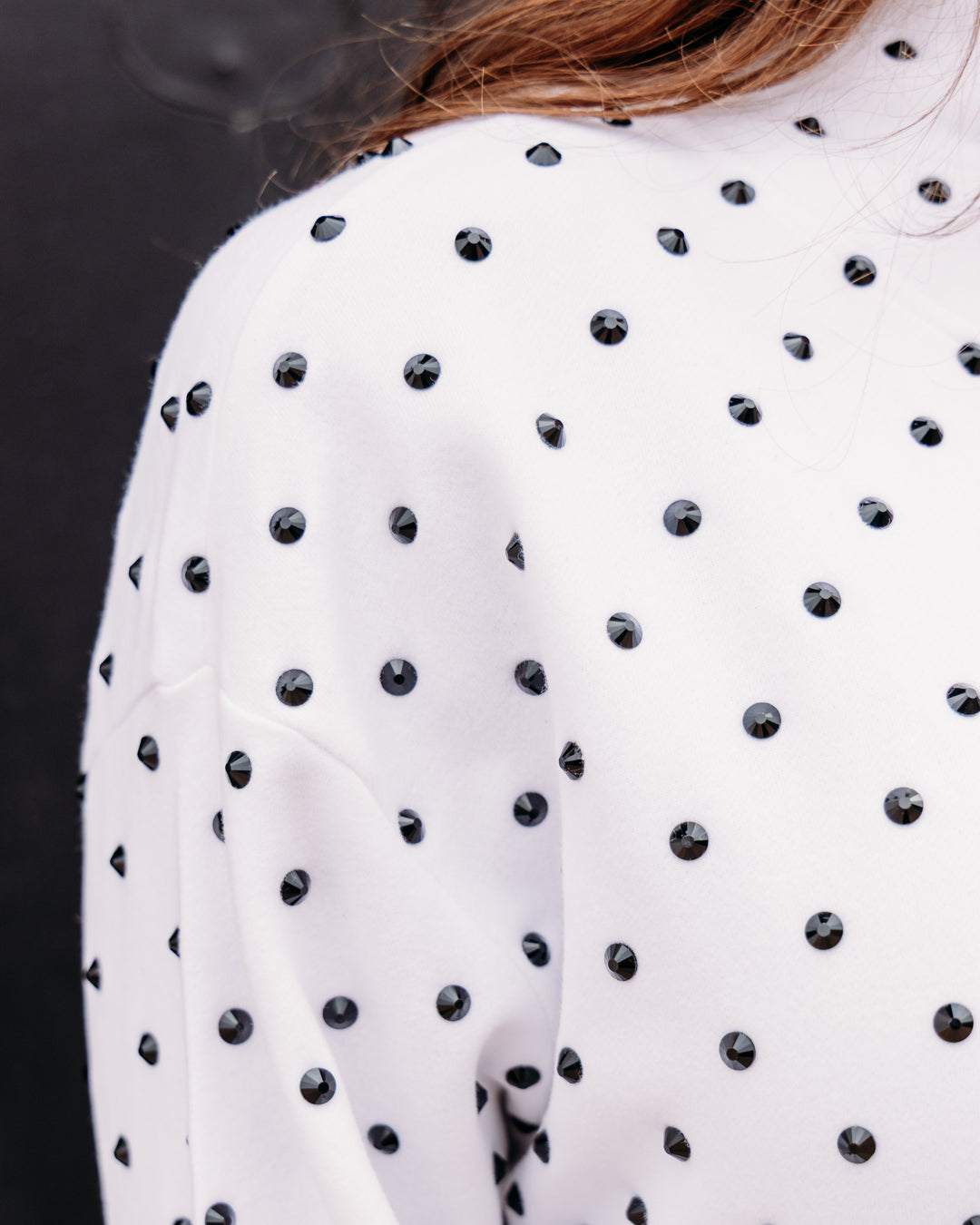 Queen of Sparkles: White & Black Poka Dot Multi Christmas Tree Mockneck Sweatshirt (HOLID26N230)