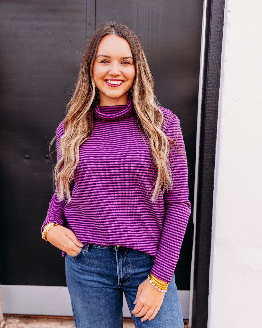 Multiples: Turtle Neck with Side Button Top in Eggplant (M46503TM)