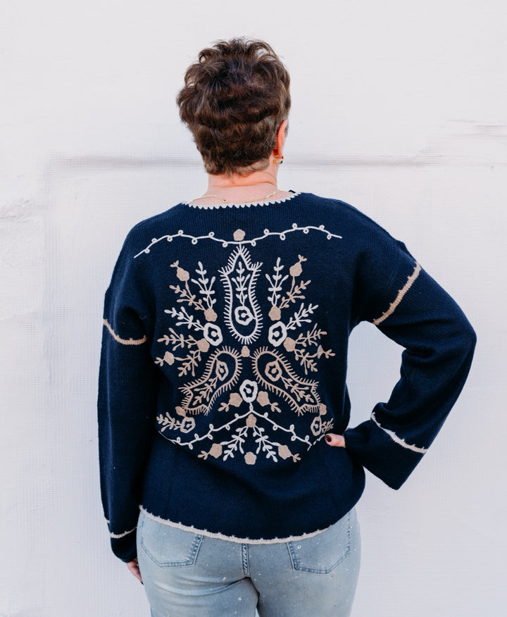 Charlie B: Notched Neck Rib Embroidered Sweater in Navy - The Vogue Boutique