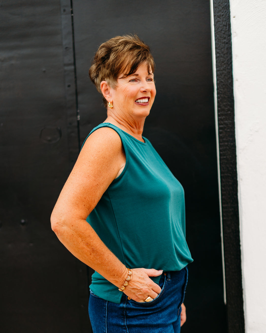 Multiples: High Neck Tank Top in Green(M35101TM) - The Vogue Boutique