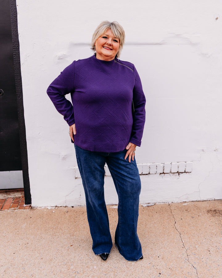 Multiples: Funnel Neck Top With Shoulder Zipper in Eggplant (M46504TM)