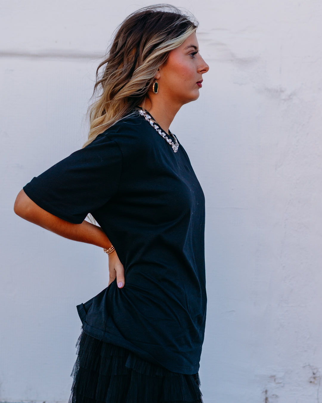 Elan: Black Rhinestone Collar Tee tee11562 - The Vogue Boutique