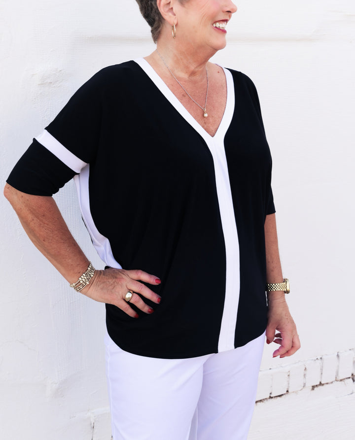 Joseph Ribkoff: Silky Knit Color Block Top in Black/Vanilla 241125