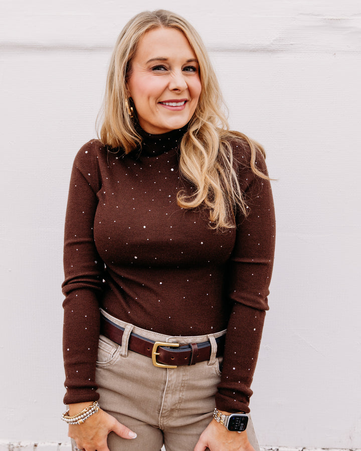 Karen Kane: Rhinestone Mock Neck Sweater in Mocha (3L89341)
