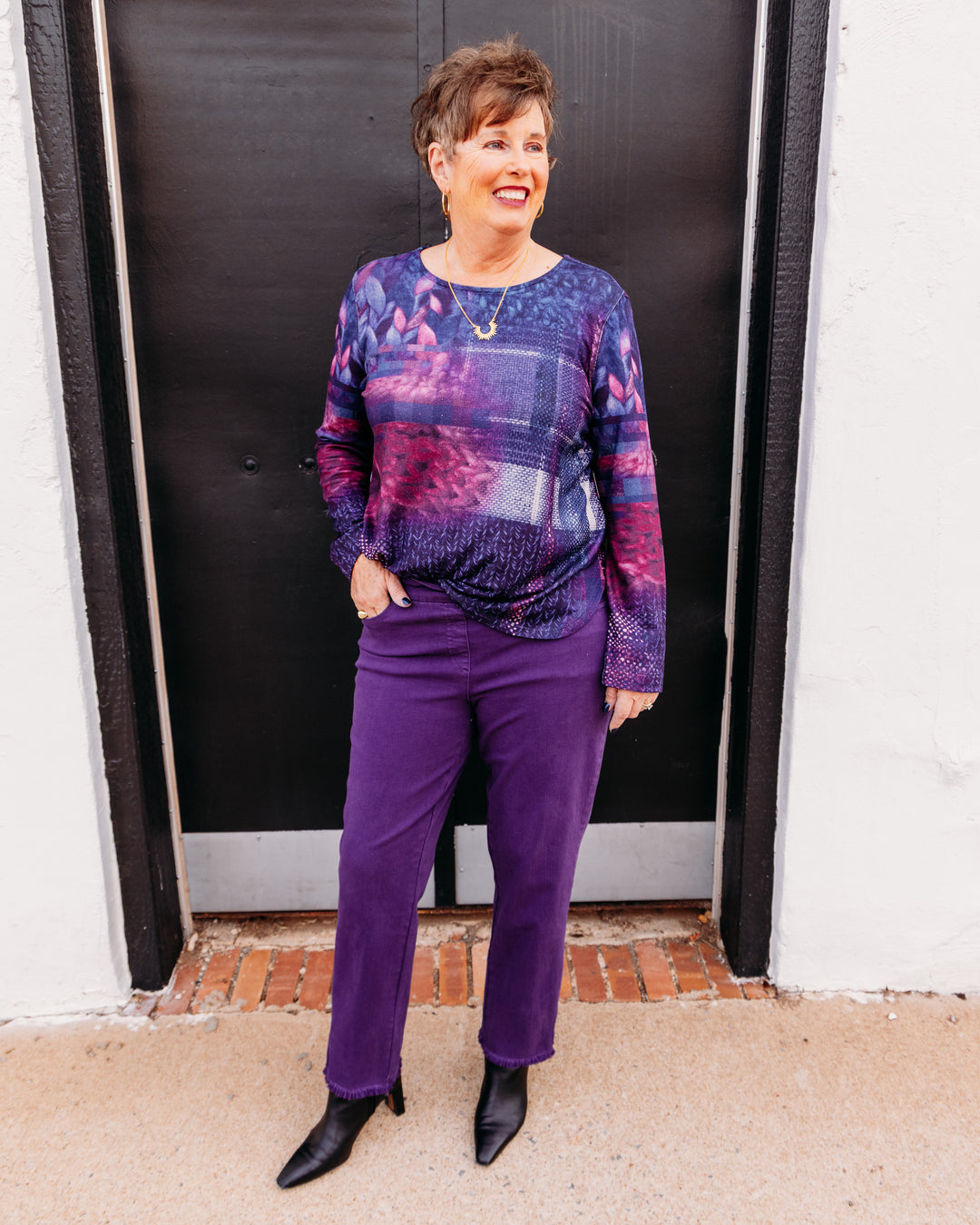 Multiples: Knit Long Sleeve Drop Shoulder Back Hi-Lo Top in Multi (M46510TM)