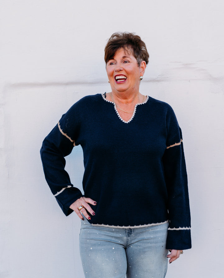 Charlie B: Notched Neck Rib Embroidered Sweater in Navy - The Vogue Boutique