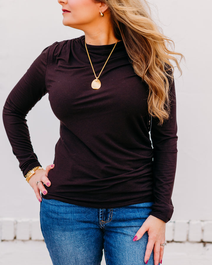 Liverpool: Long Sleeve Mock Neck Knit Top in Java - The Vogue Boutique