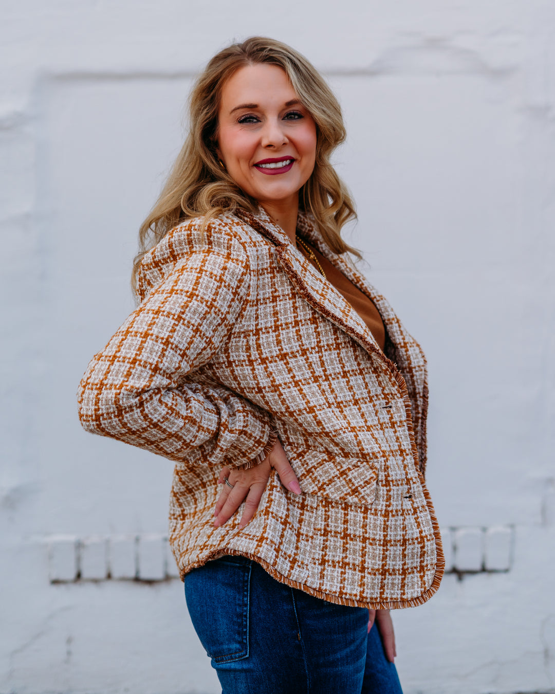 Liverpool: Blazer With Fray Edges in Gold And Khaki Plaid - The Vogue Boutique