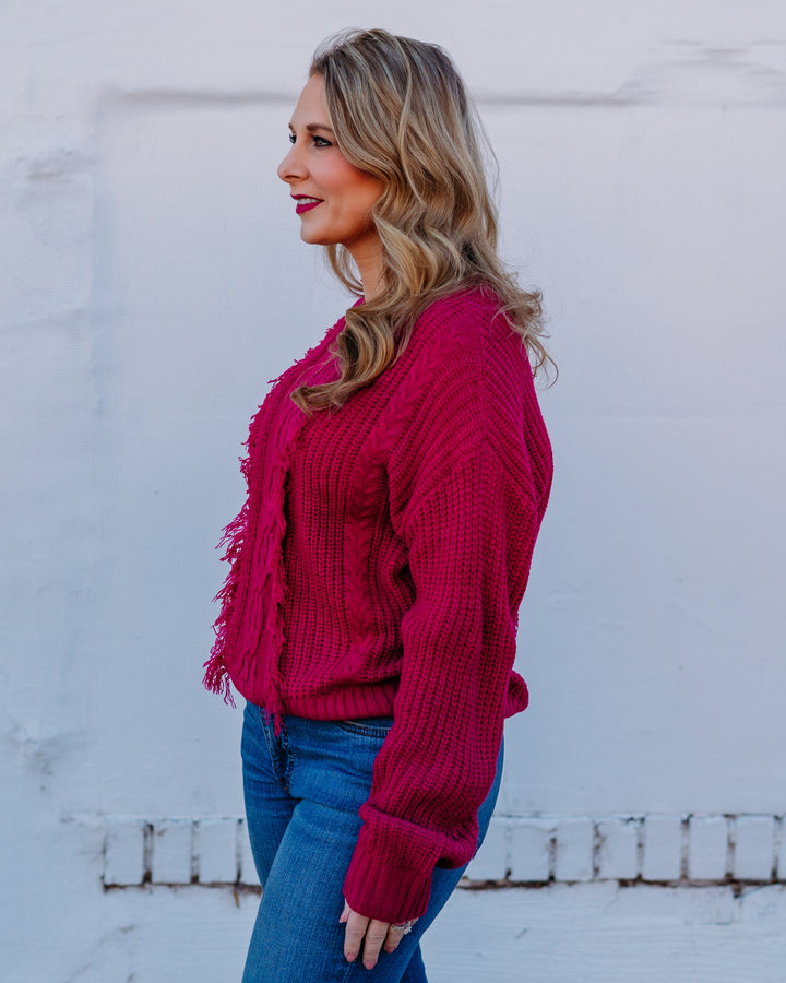 Liverpool: Long Sleeve Mock Neck Sweater with Fringe in Deep Raspberry - The Vogue Boutique