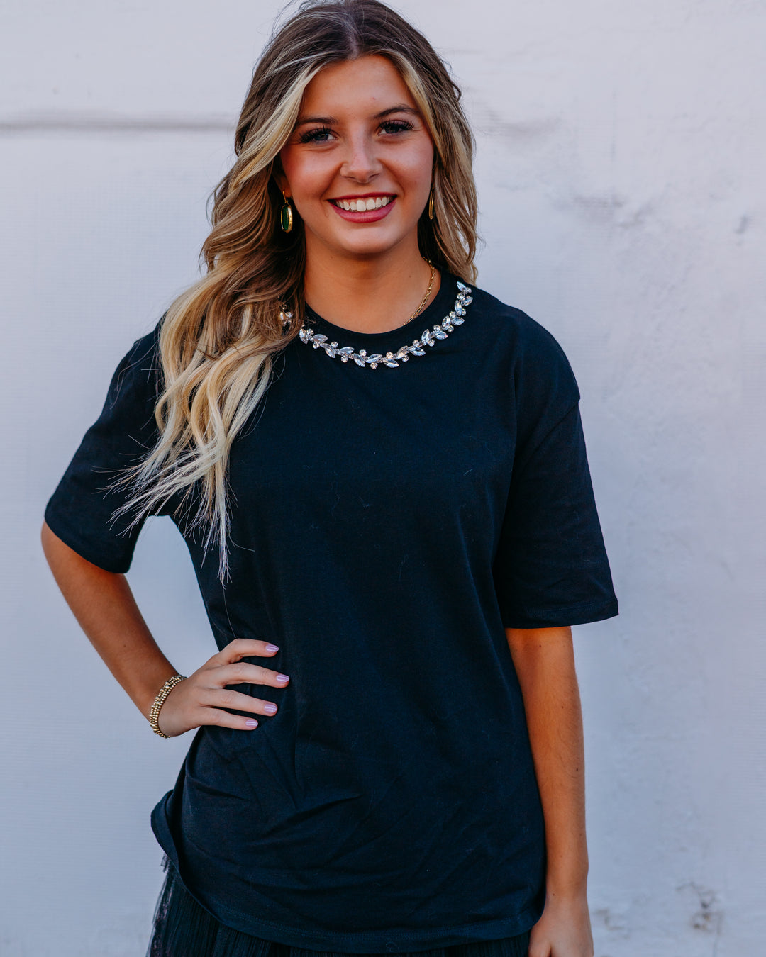 Elan: Black Rhinestone Collar Tee tee11562 - The Vogue Boutique