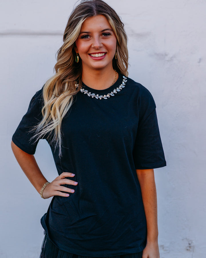 Elan: Black Rhinestone Collar Tee tee11562 - The Vogue Boutique
