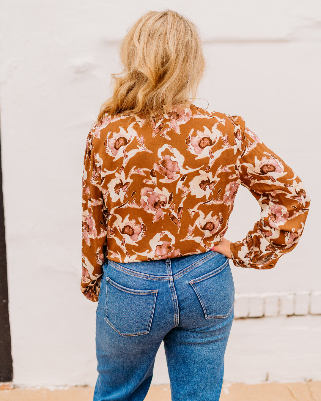 Kut: Isley Long Sleeve Shirt With Neck Ruffles in Mocha and Mauve - The Vogue Boutique