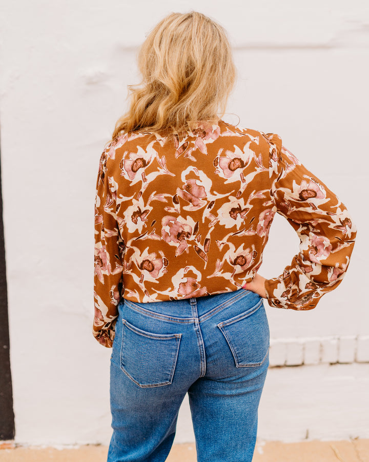 Kut: Isley Long Sleeve Shirt With Neck Ruffles in Mocha and Mauve - The Vogue Boutique