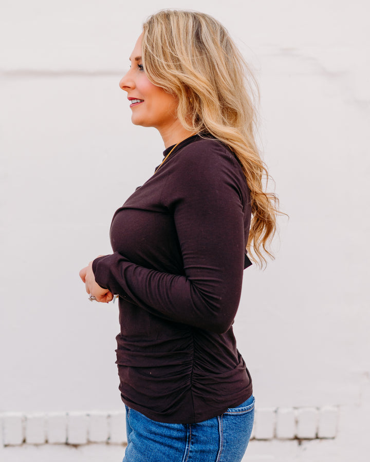 Liverpool: Long Sleeve Mock Neck Knit Top in Java - The Vogue Boutique