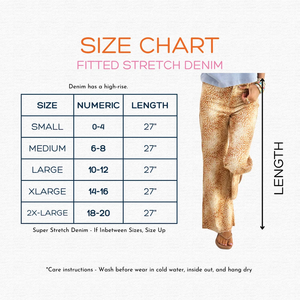 Size chart for fitted stretch denim with a person wearing pants and measurement details.