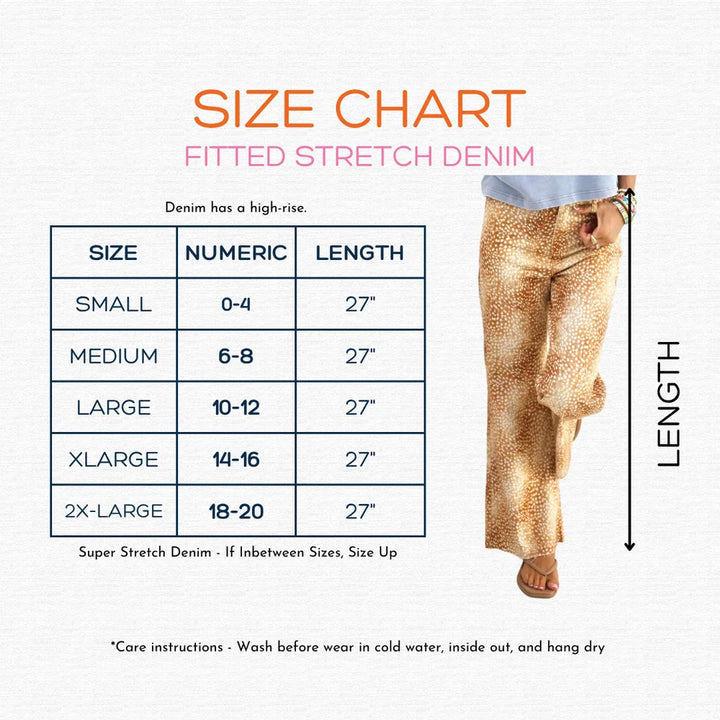 Size chart for fitted stretch denim with a person wearing pants and measurement details.