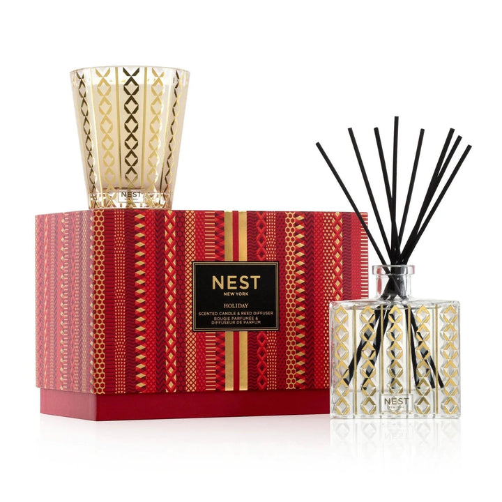 NEST New York Holiday Classic Candle and Reed Diffuser Set in red and gold packaging
