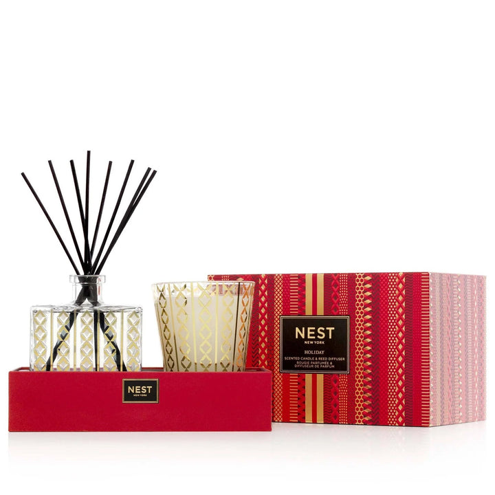NEST New York Holiday Classic Candle and Reed Diffuser Set with red and gold gift box