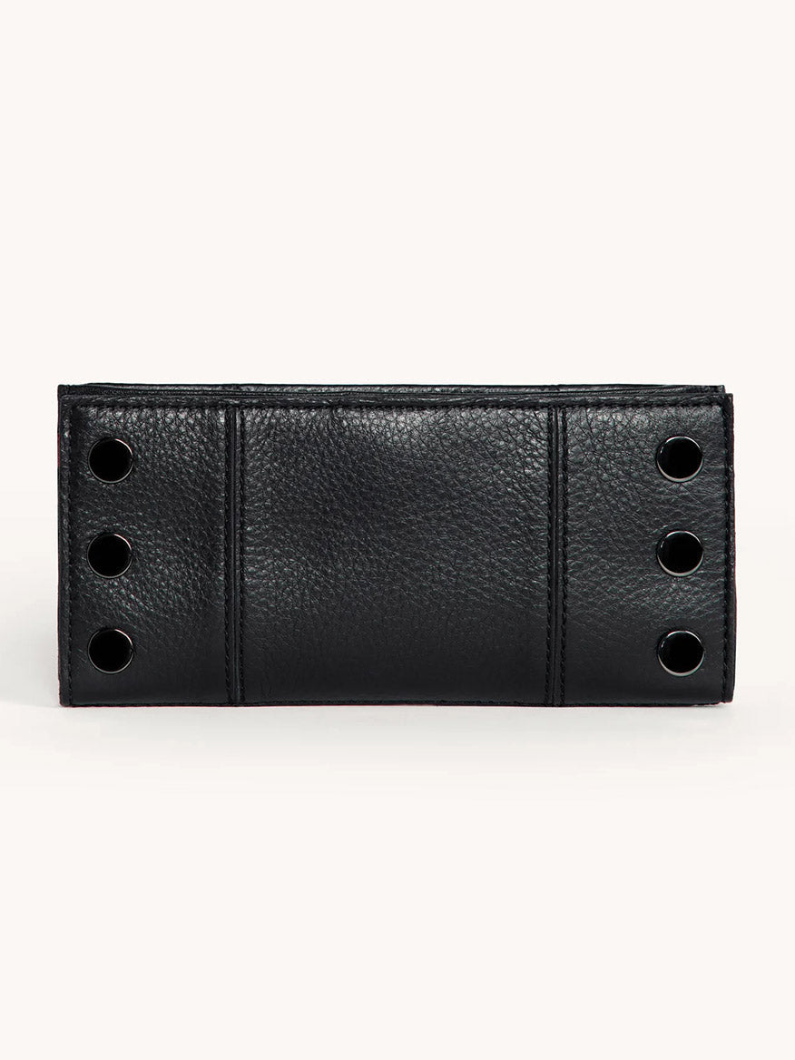Hammitt 110 North wallet in black pebbled leather with gunmetal snap hardware, back view