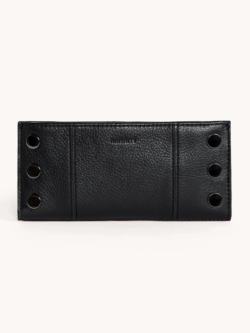 Hammitt 110 North wallet in black pebbled leather with gunmetal snap hardware, back view