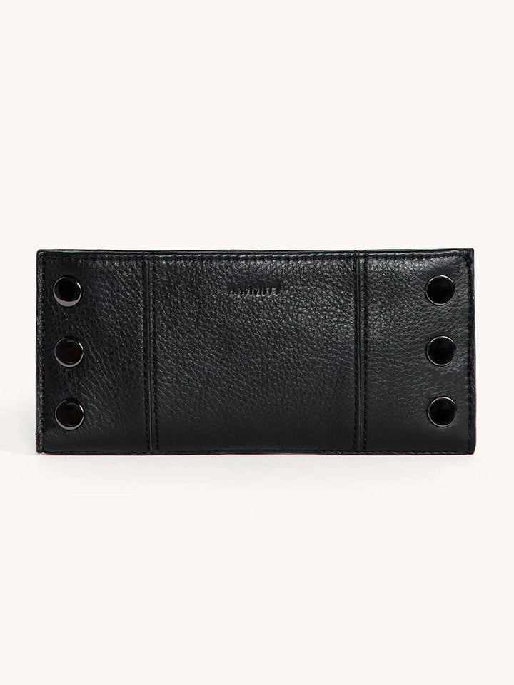 Hammitt 110 North wallet in black pebbled leather with gunmetal snap hardware, back view