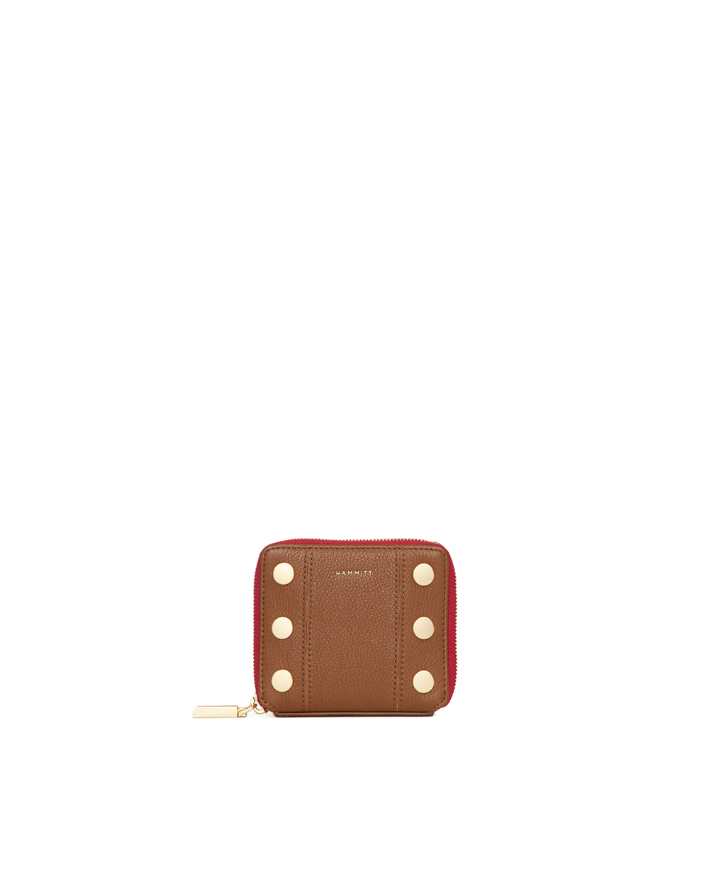 Hammitt 5 North zip wallet in mahogany pebble leather with gold studs and red zip