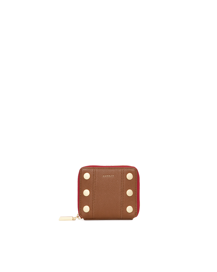 Hammitt 5 North zip wallet in mahogany pebble leather with gold studs and red zip