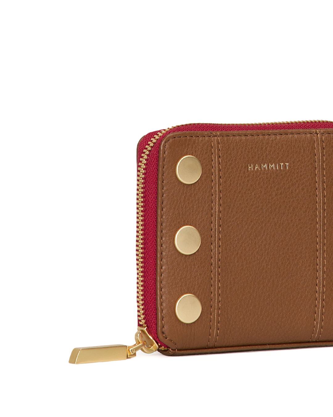 Hammitt 5 North wallet in mahogany pebble leather with gold studs and red zipper
