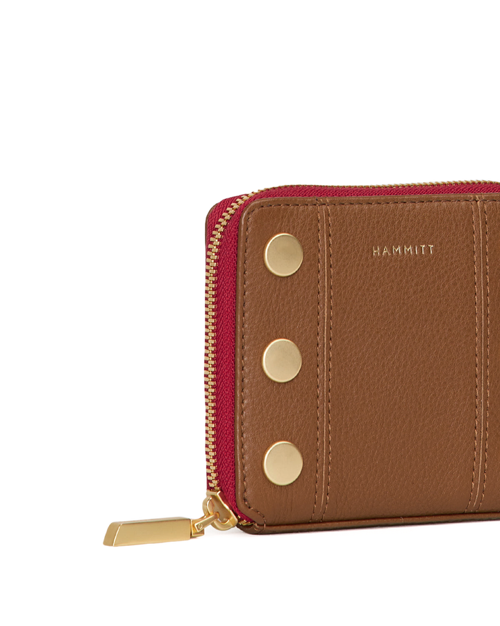 Hammitt 5 North wallet in mahogany pebble leather with gold studs and red zipper