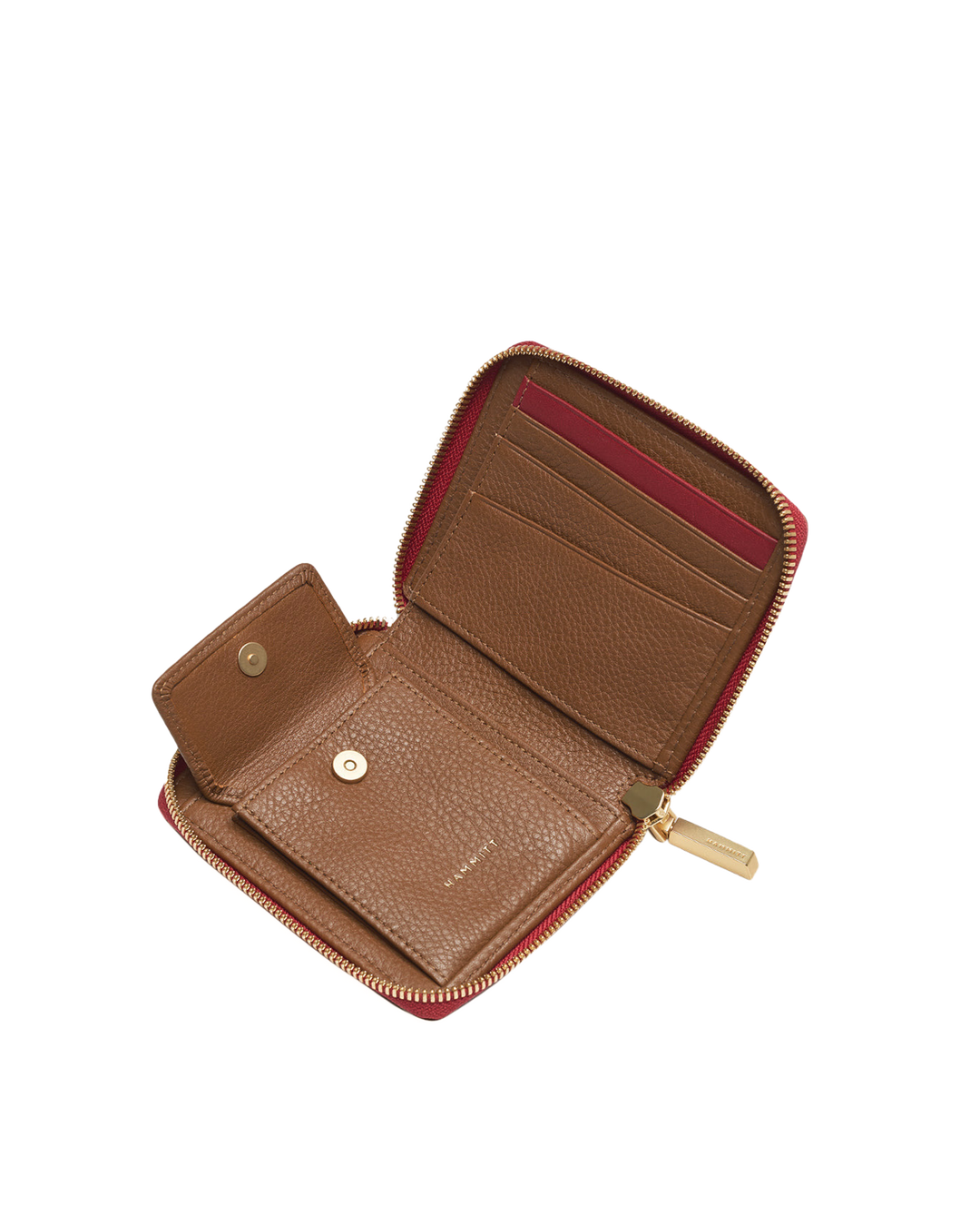 Hammitt 5 North wallet open showing tan interior, card slots, and red zip with gold hardware