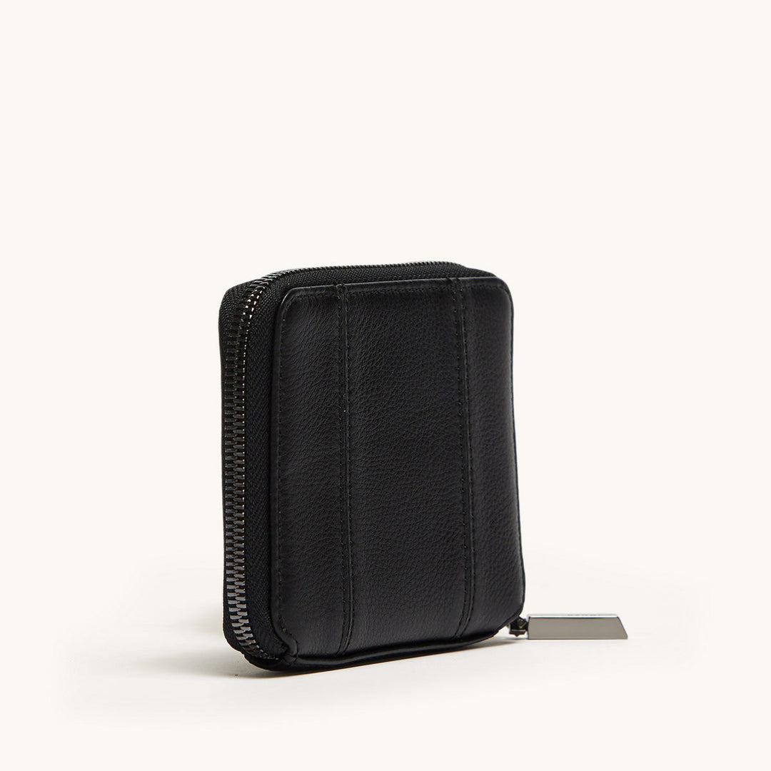 Hammitt 5 North zip-around wallet in black leather with gunmetal zipper hardware